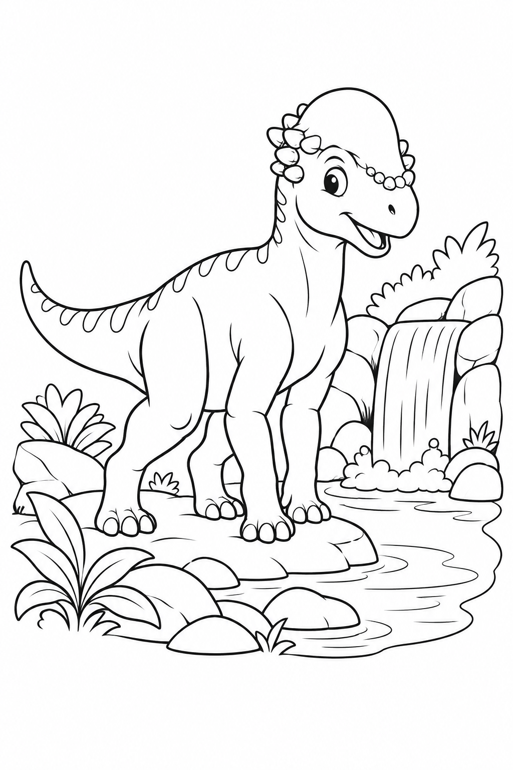 パキケファロサウルスと滝の池の塗り絵