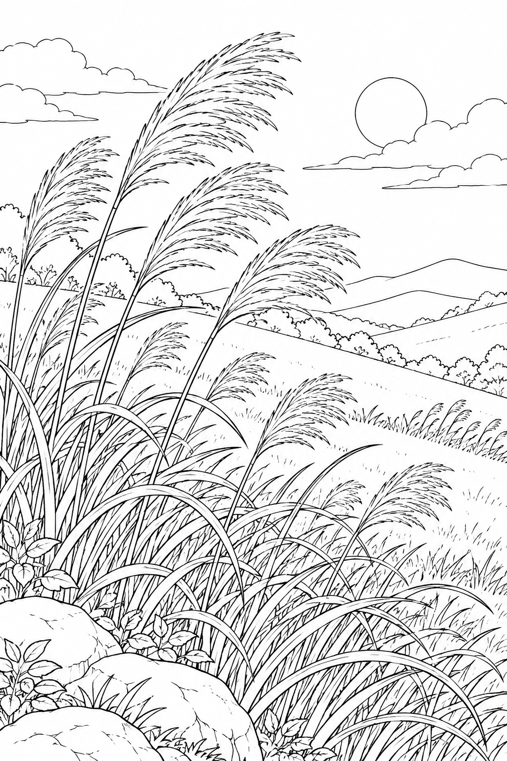 自然のひとこま：ススキの穂と風の塗り絵