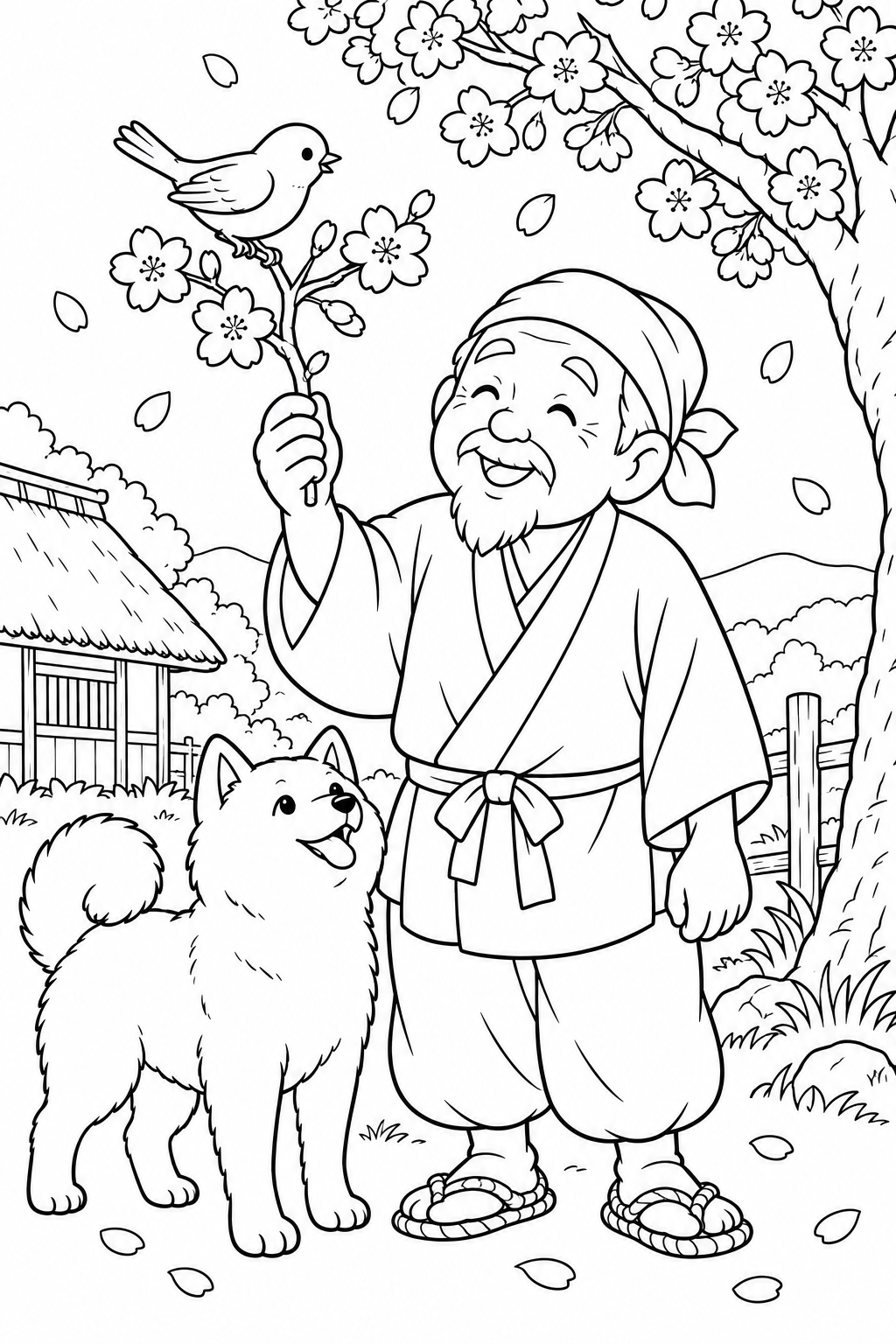 The Old Man Who Made Trees Blossom: A little bird on a cherry branch (Cozy) coloring page