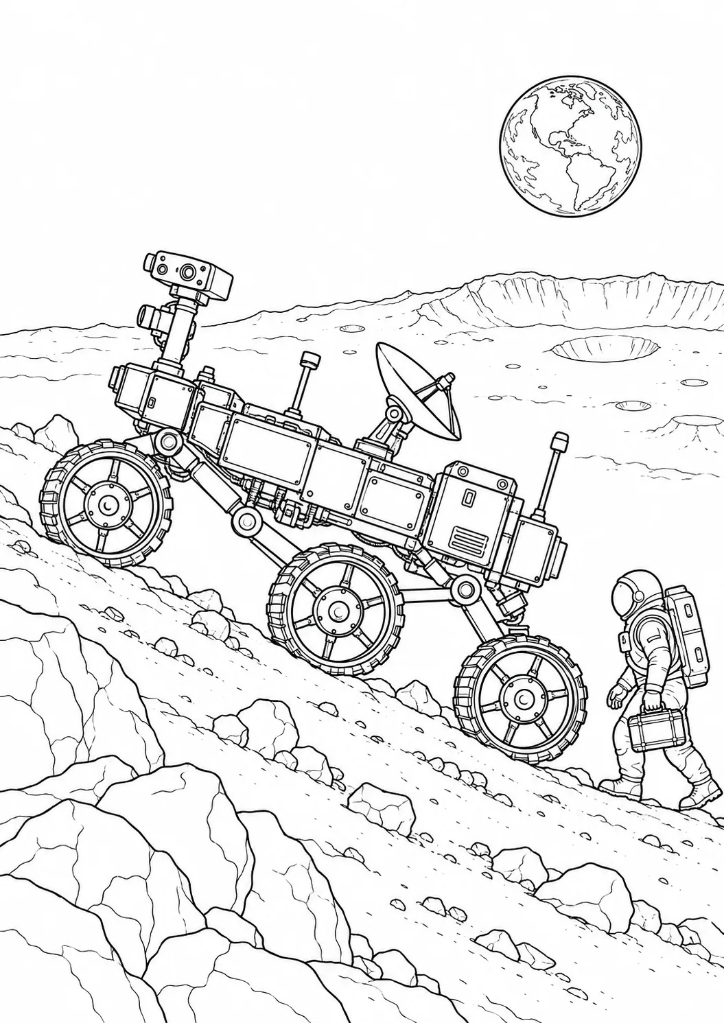 月の坂をのぼる探査車の塗り絵