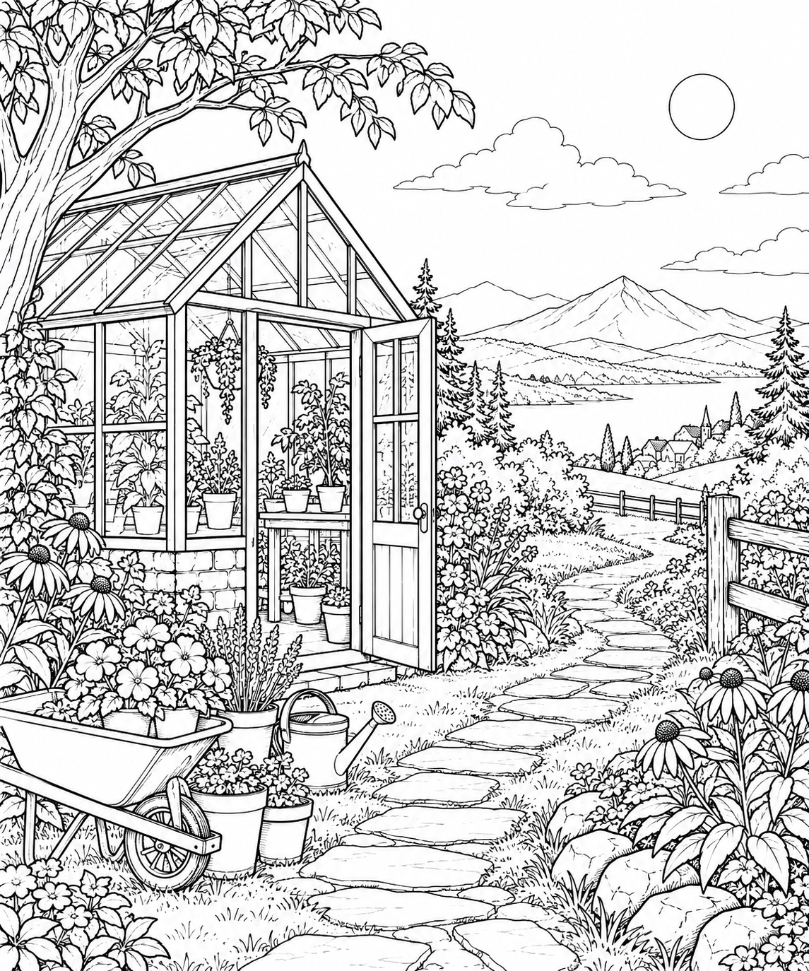 自然のひとこま：小さな温室と植木鉢の塗り絵