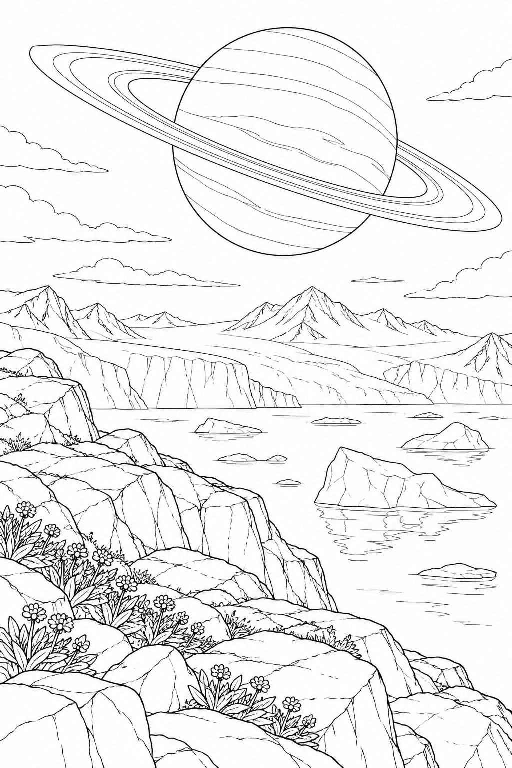 氷河と岩の岬と環のある惑星の塗り絵