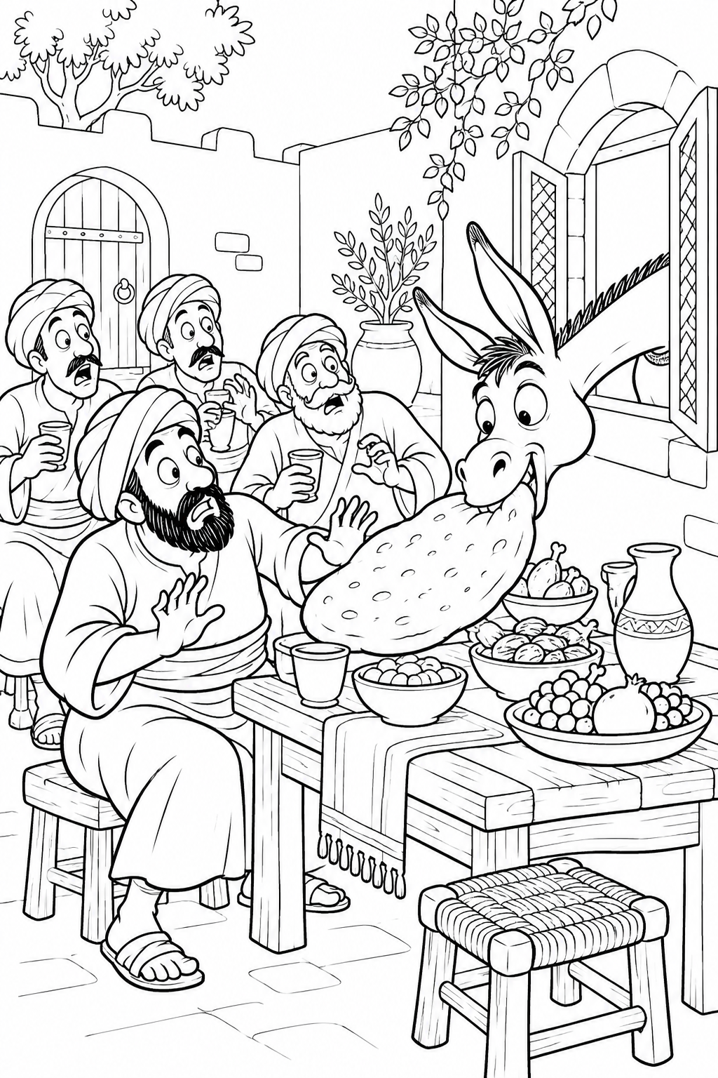 阿里巴巴与四十大盗：偷吃宴席面饼的毛驴（搞笑）涂色页