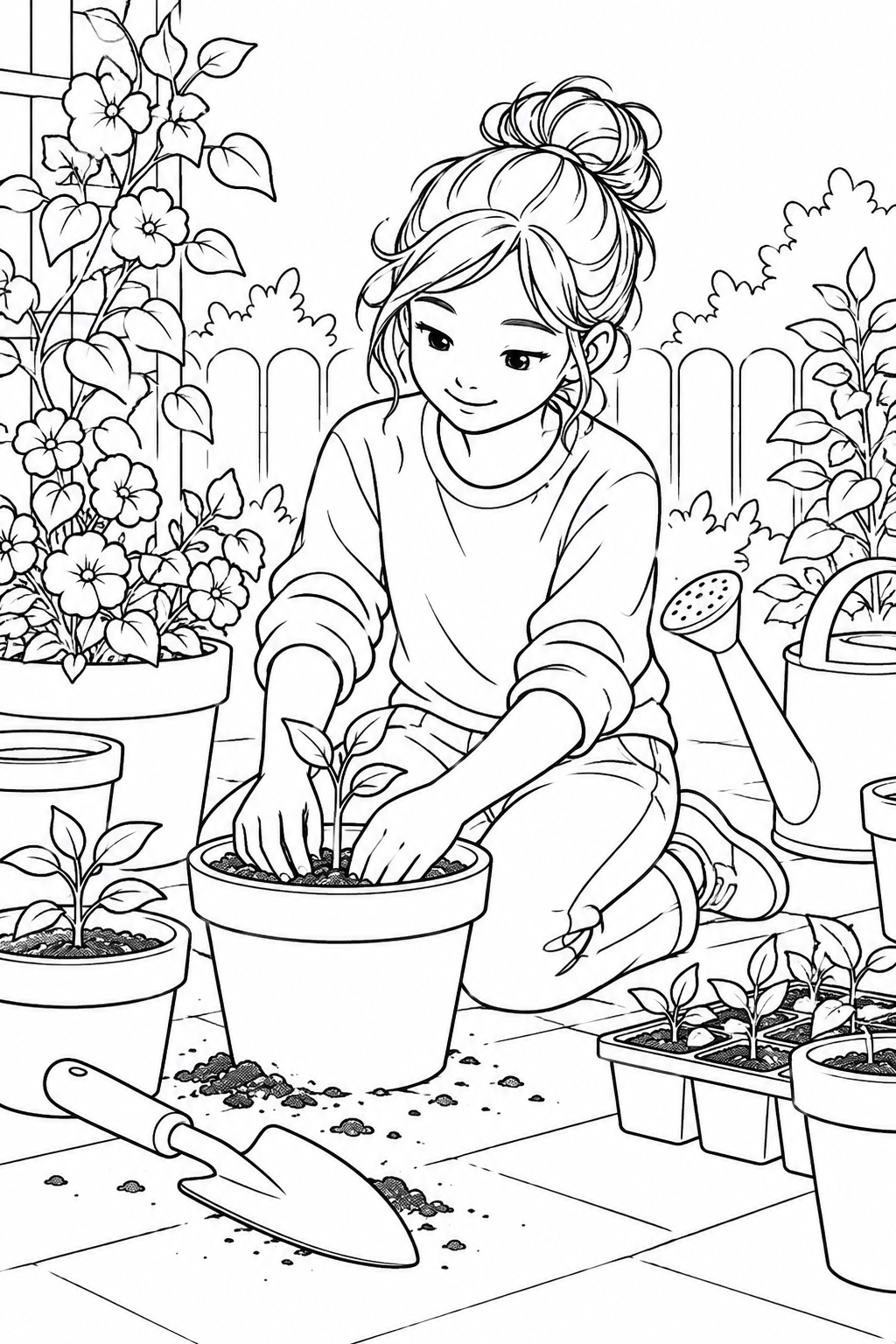 庭の鉢に苗を植える学生の塗り絵