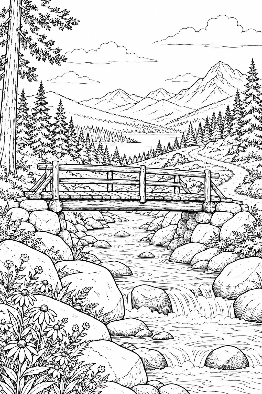 Dibujo de Una escena natural: Puente de tronco sobre un arroyo para colorear