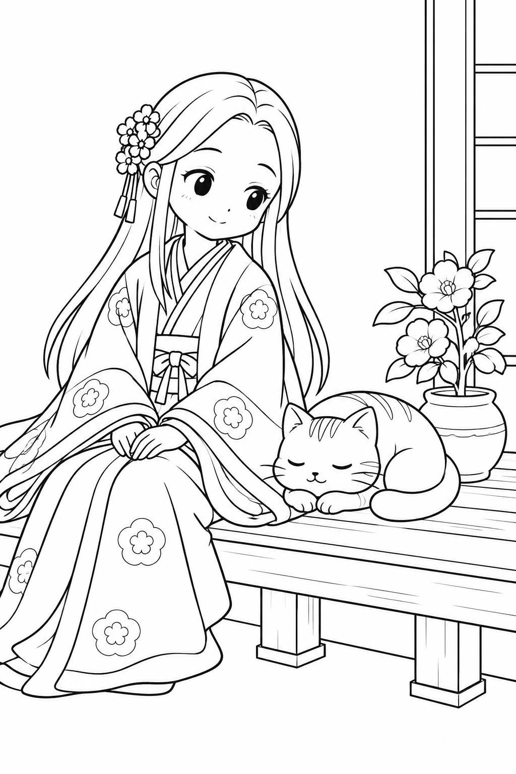 かぐや姫と縁側のひなたぼっこの塗り絵