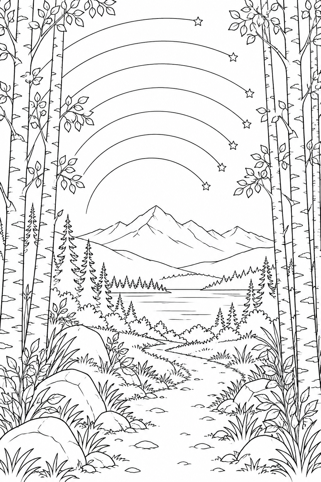 白樺林の小道と星の軌跡の塗り絵