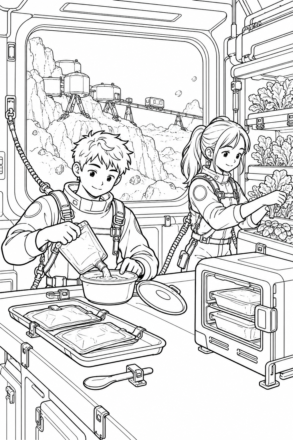 小惑星の岩山基地:宇宙食を作るキッチンの塗り絵