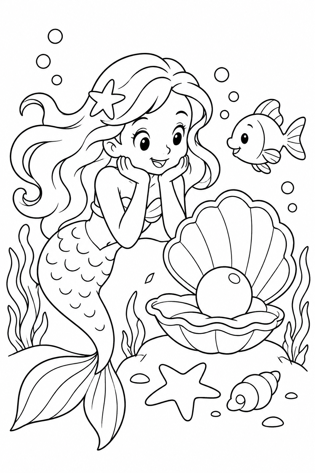 人魚と真珠の貝の塗り絵