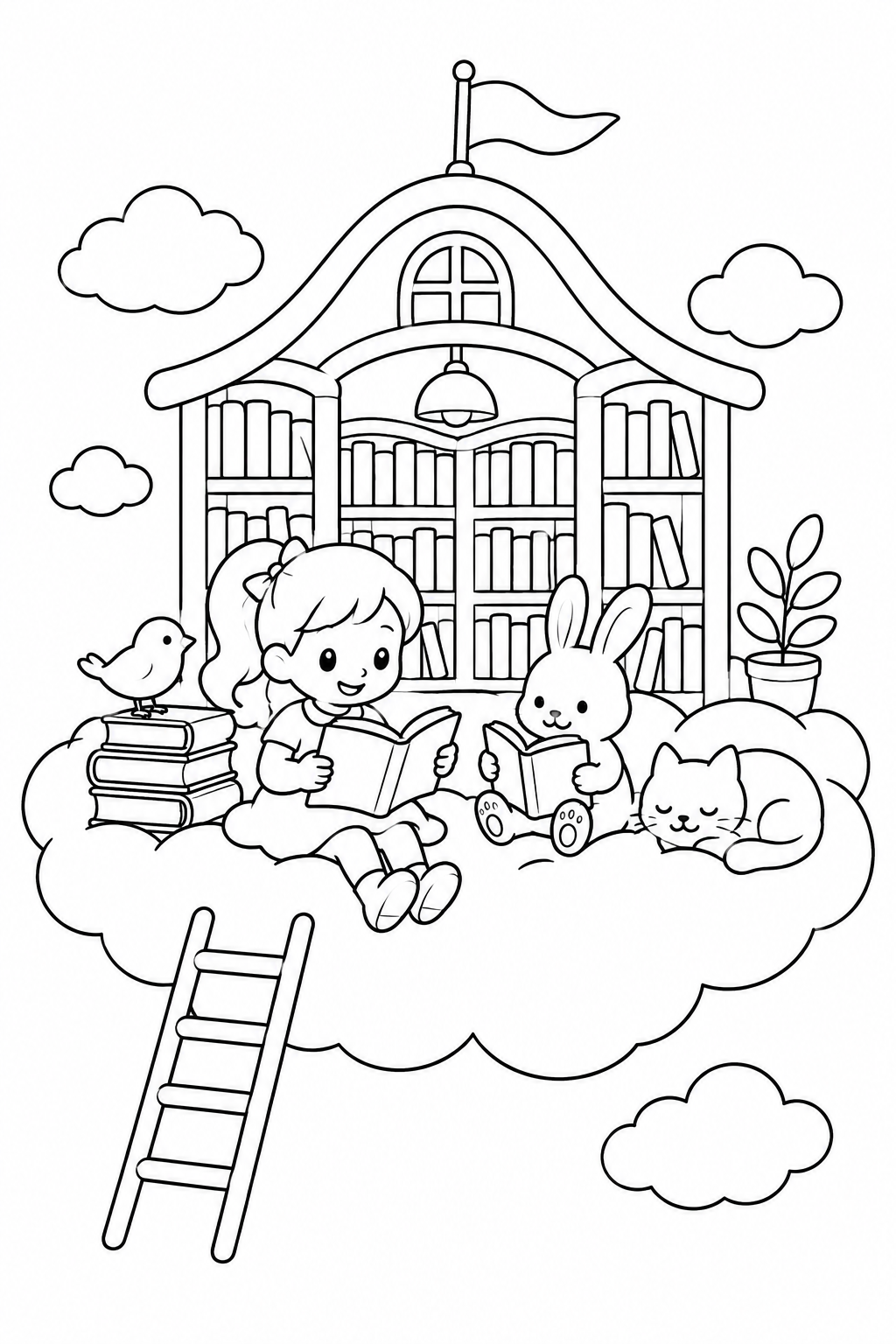 Coloriage Bibliothèque au-dessus des nuages