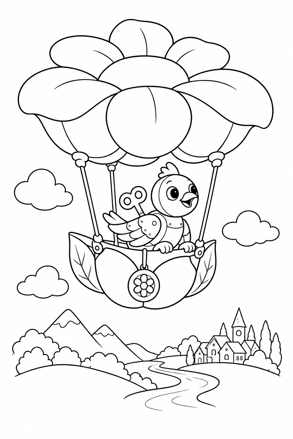 Coloriage L’oiseau à engrenages et le dirigeable fleuri