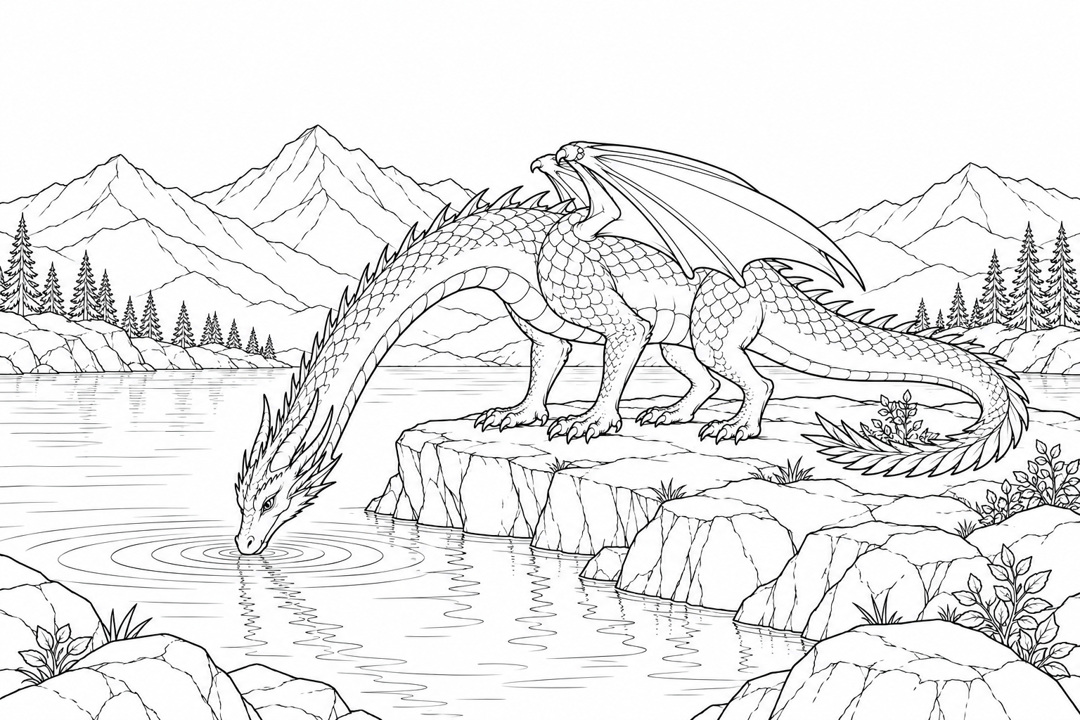 Coloriage Dragon buvant depuis une corniche