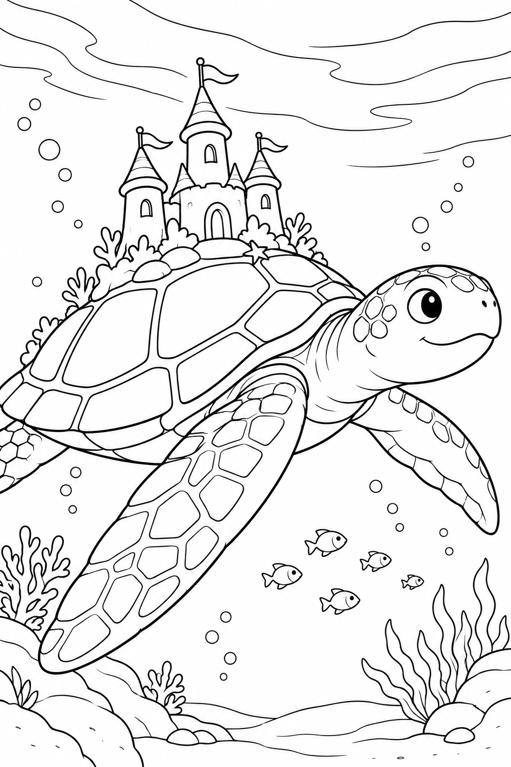海がめの背中のお城の塗り絵
