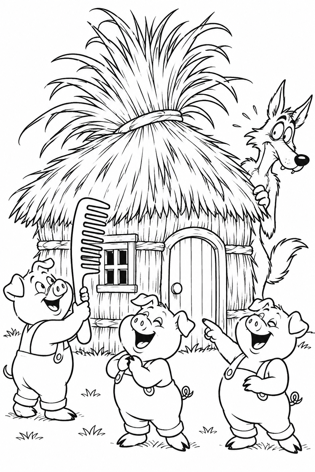 Coloriage Les Trois Petits Cochons: Le toit de paille tout ébouriffé