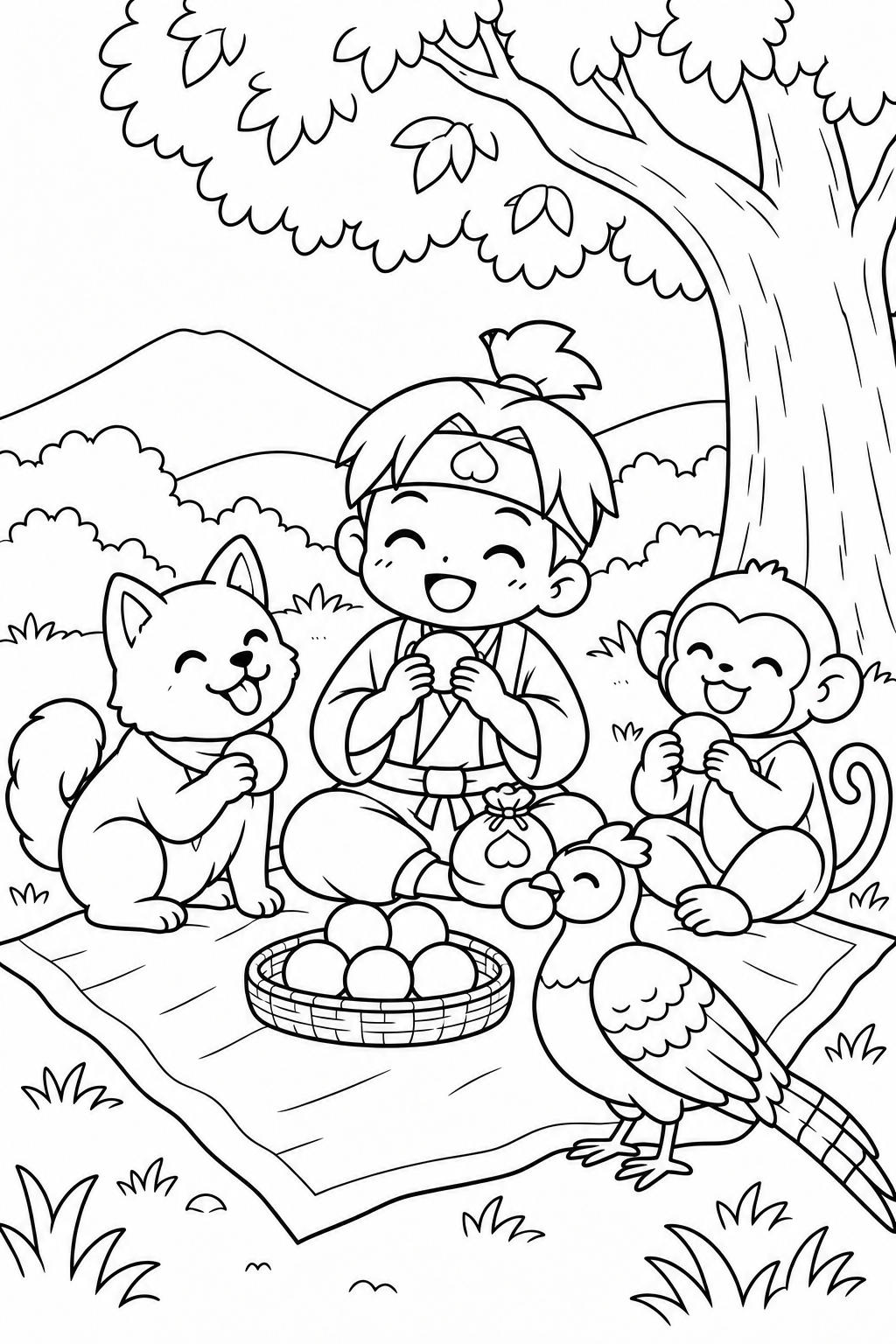 ほっこり桃太郎:桃太郎一行のお弁当休憩の塗り絵