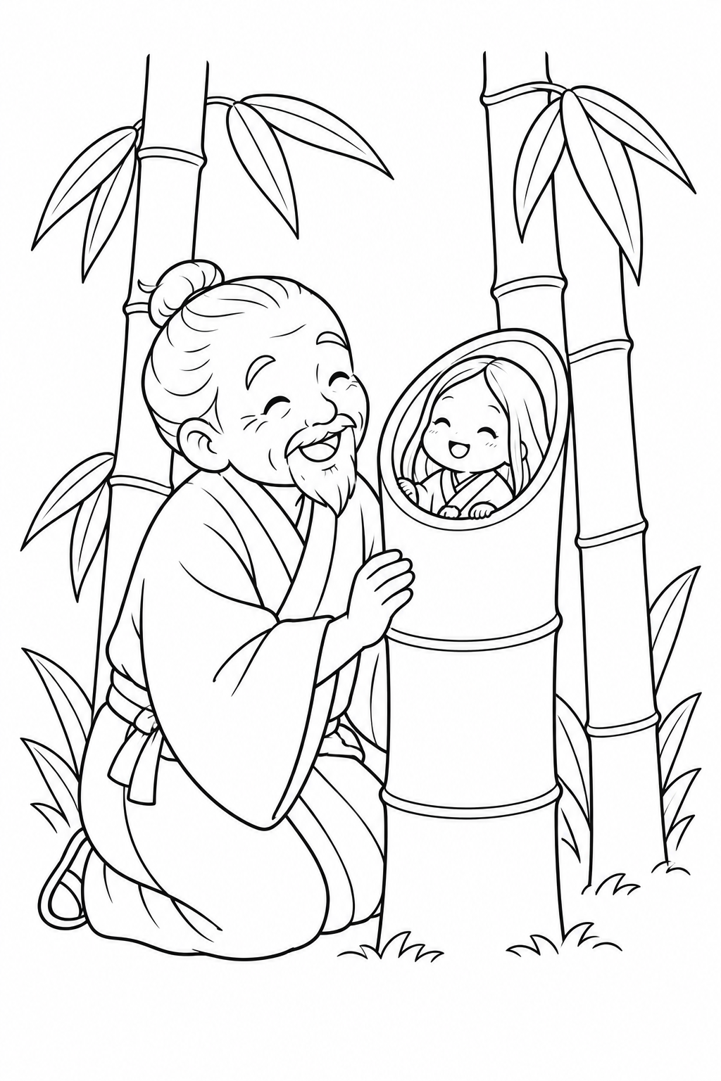Dibujo de Kaguya sonríe en su cuna de bambú para colorear