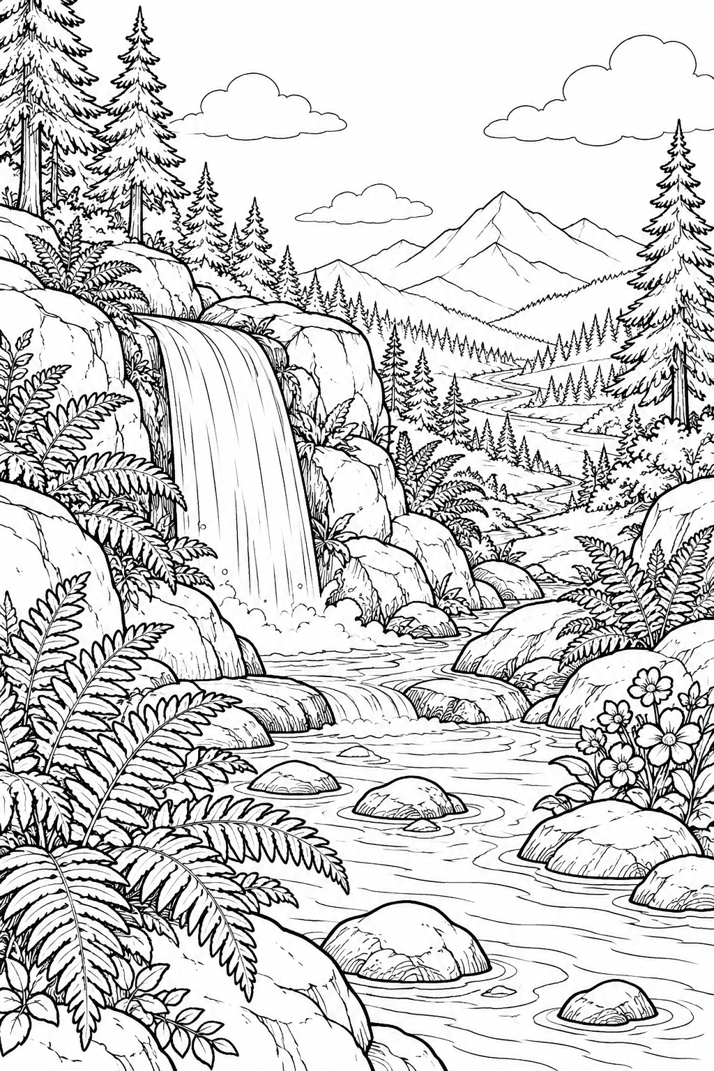 自然のひとこま：シダに囲まれた小さな滝の塗り絵