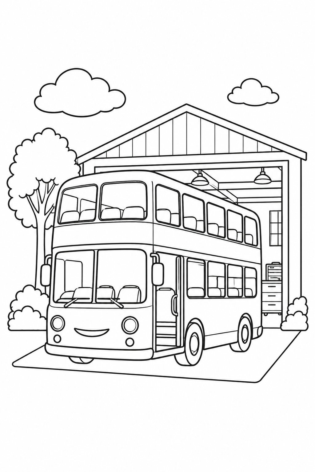 Dibujo de El autobús de dos pisos en el garaje para colorear