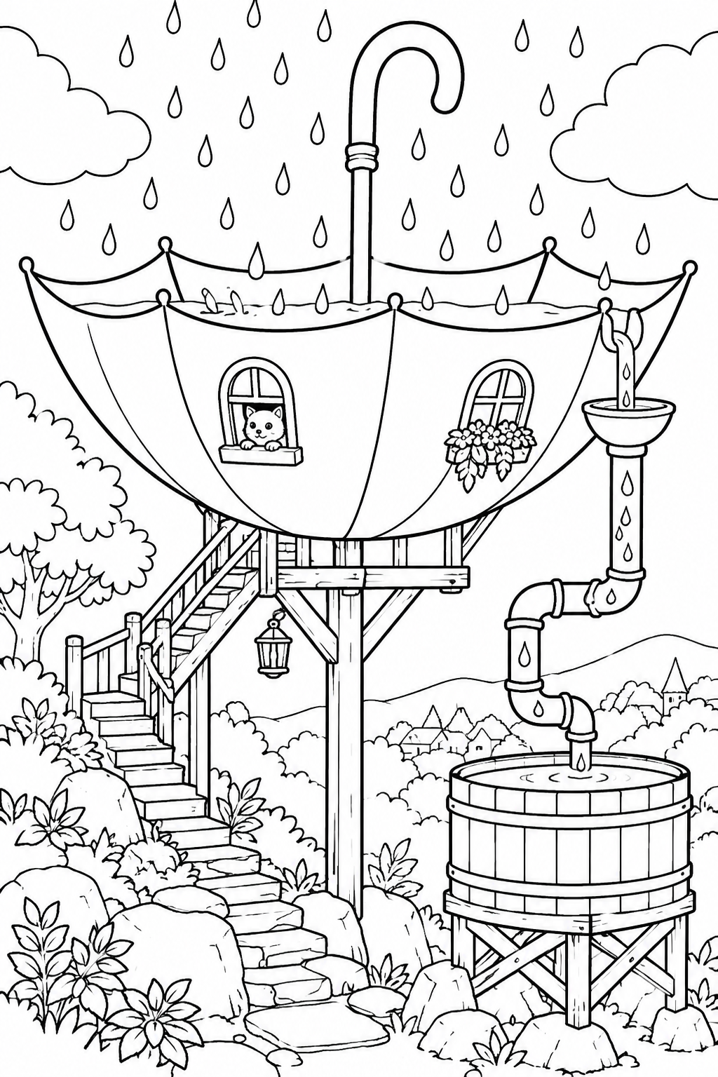 雨つぶを集める傘の家の塗り絵