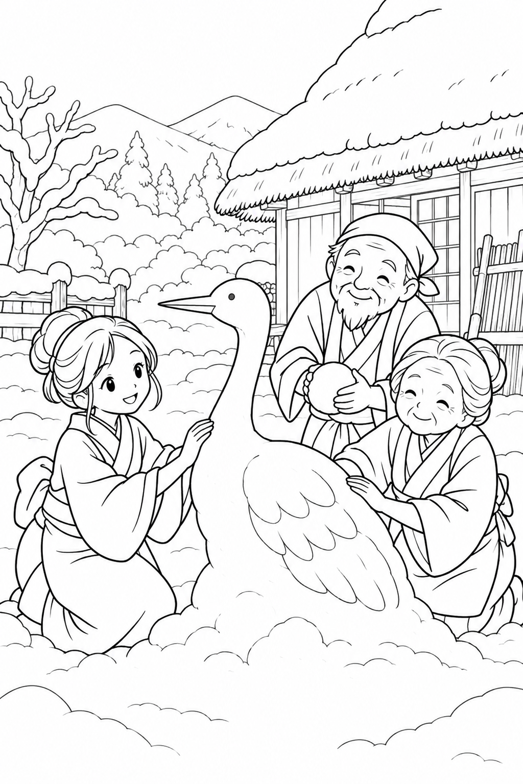 つるの恩返し：みんなで作る雪のつるの塗り絵