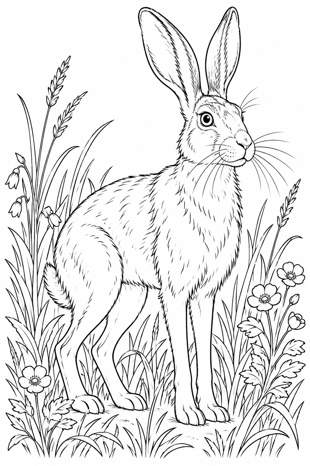 Dibujo de Liebre entre hierbas de primavera para colorear