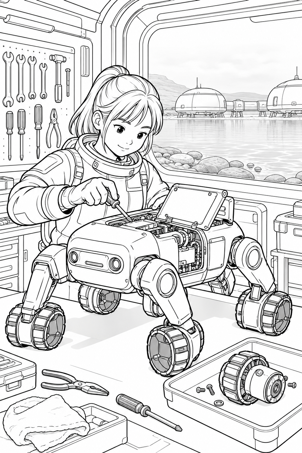 タイタンの湖畔基地:ロボットの整備工房の塗り絵