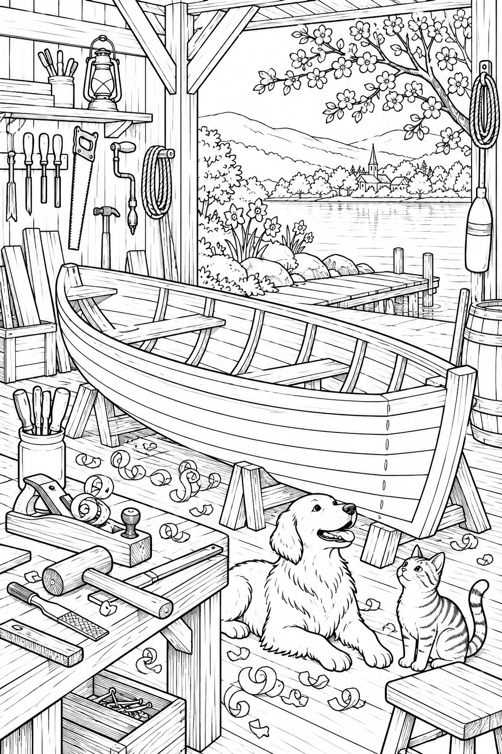 Desenho de Oficina de pequenos barcos — primavera para colorir