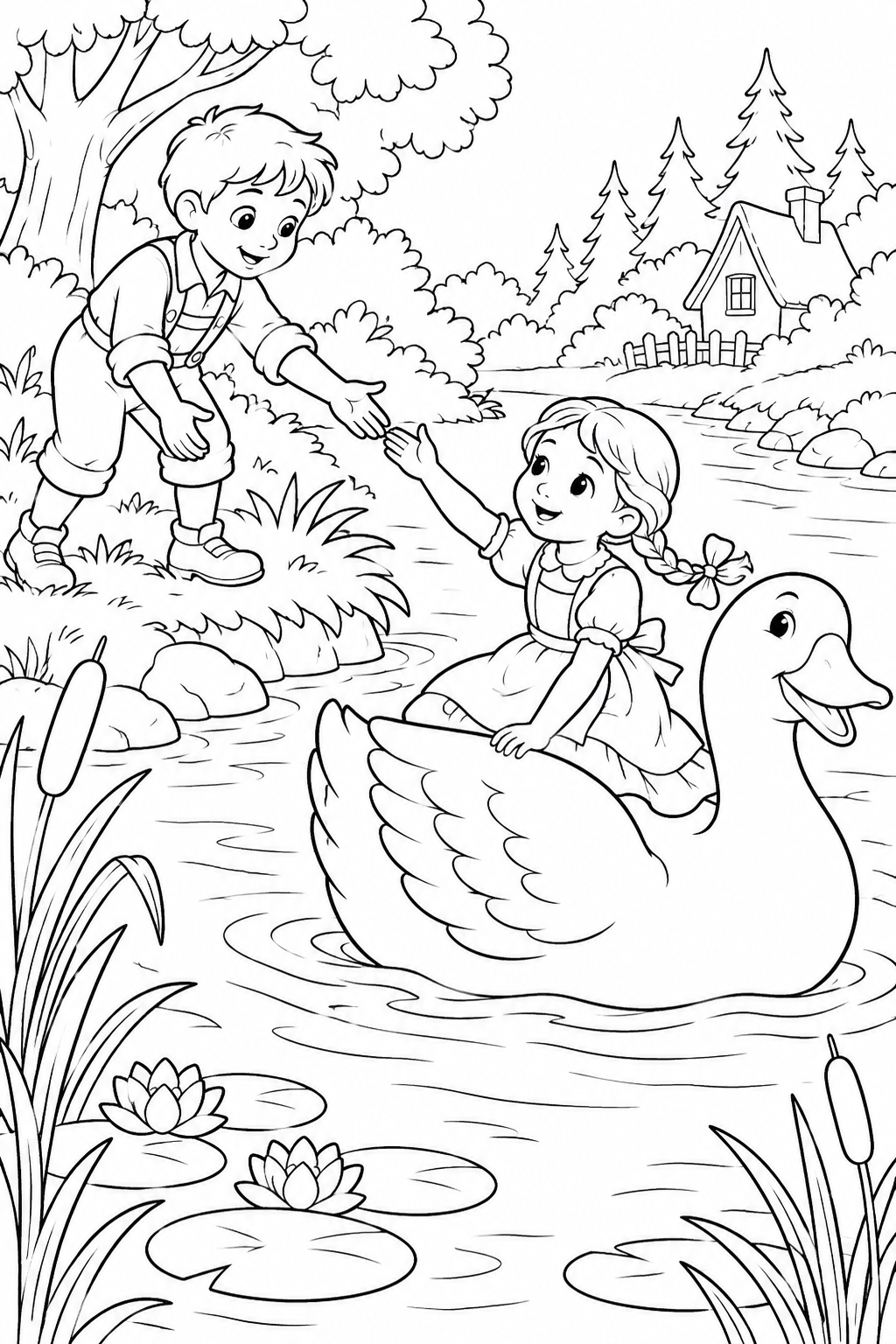 Hansel and Gretel：Crossing the river with a white duck（Cozy） coloring page