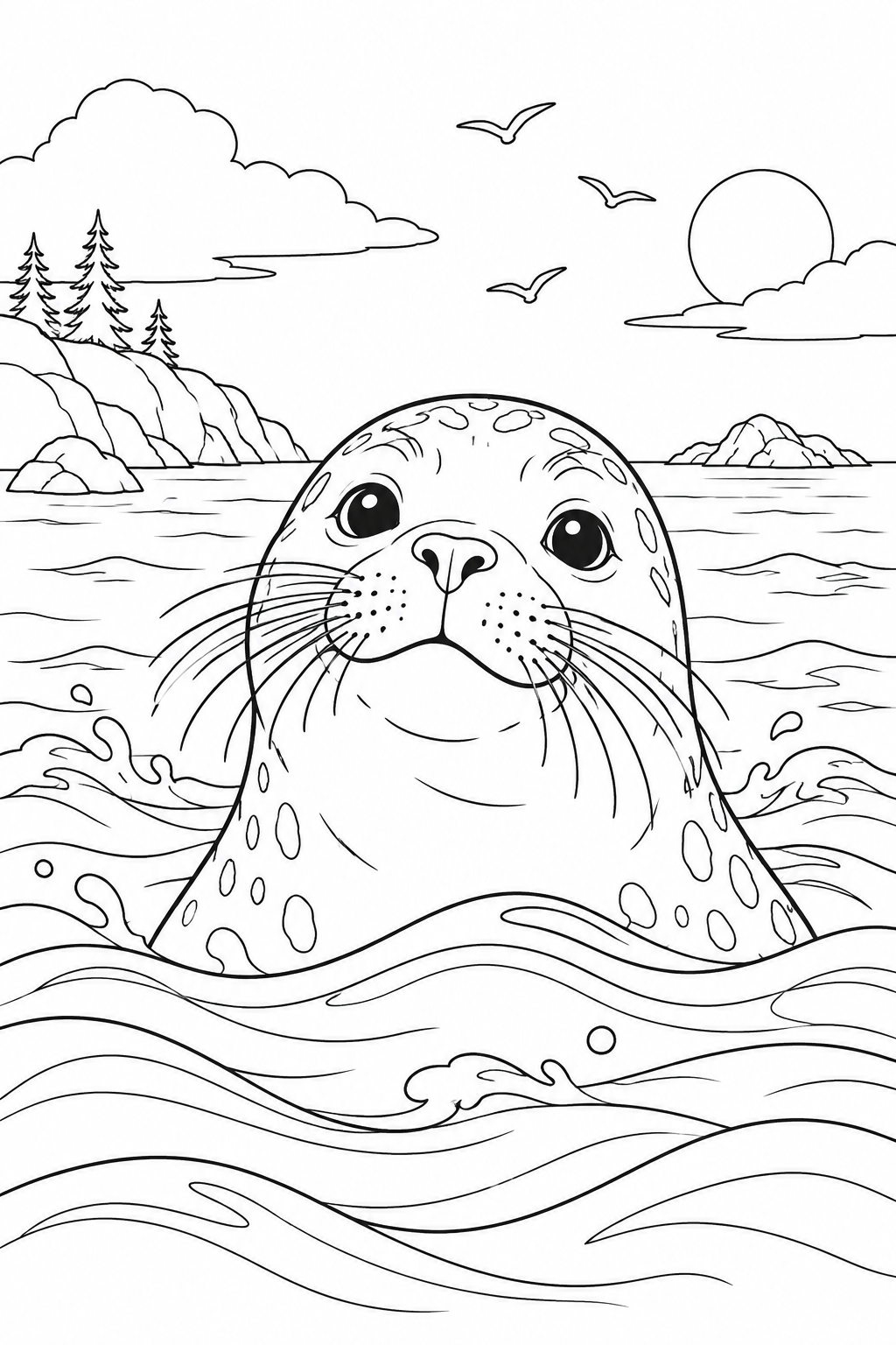 波間から顔を出すアザラシの塗り絵
