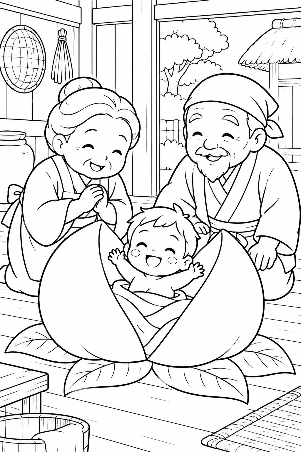 ほっこり桃太郎:桃から生まれた赤ちゃんの塗り絵