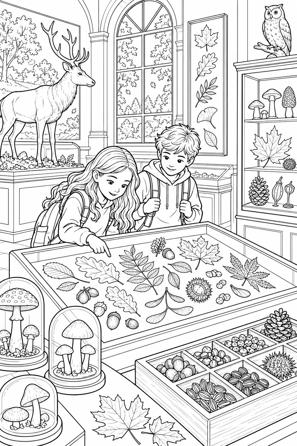 秋の自然博物館の展示室の塗り絵