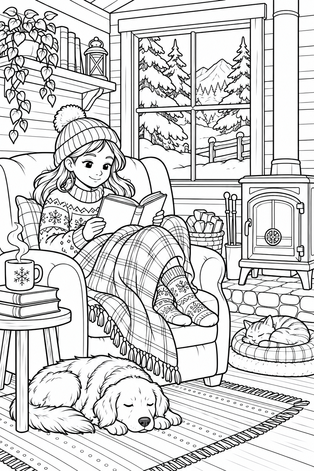 冬の森の読書小屋の塗り絵