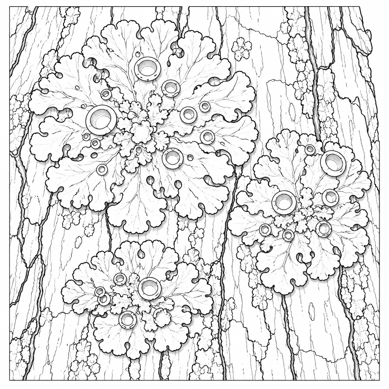 木の皮に広がる地衣類の塗り絵