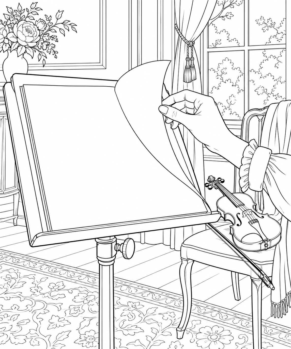 譜面をめくる演奏の合間の塗り絵