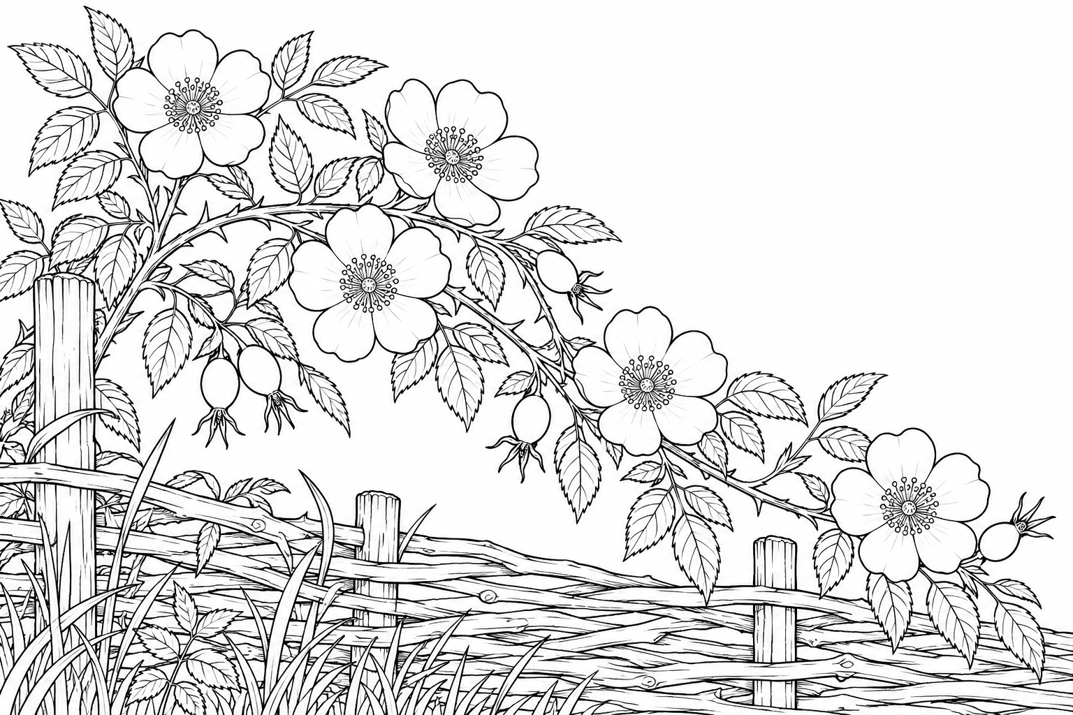 Dibujo de Rosas silvestres sobre un seto para colorear