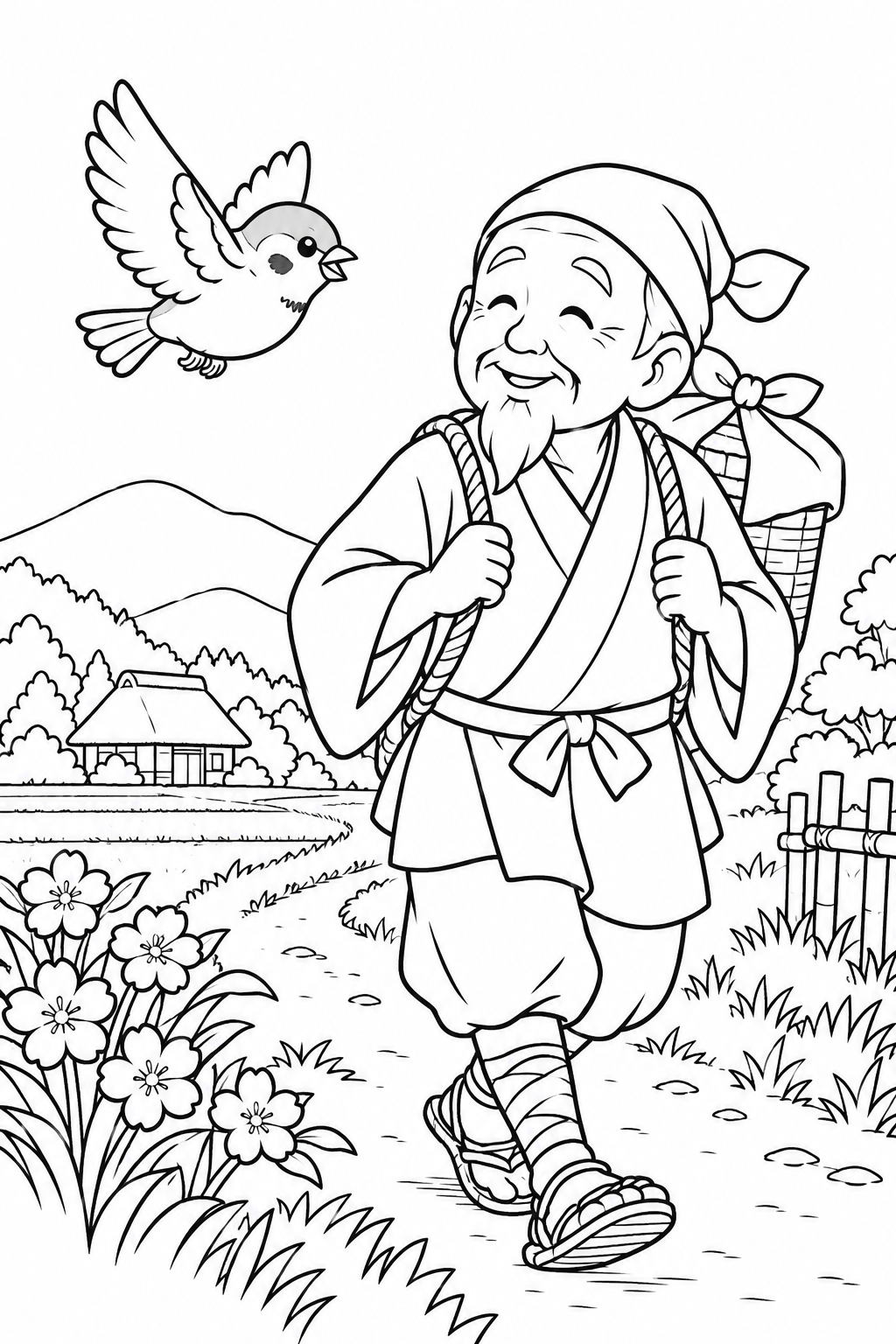 したきりすずめ:小さなつづらと帰り道の塗り絵