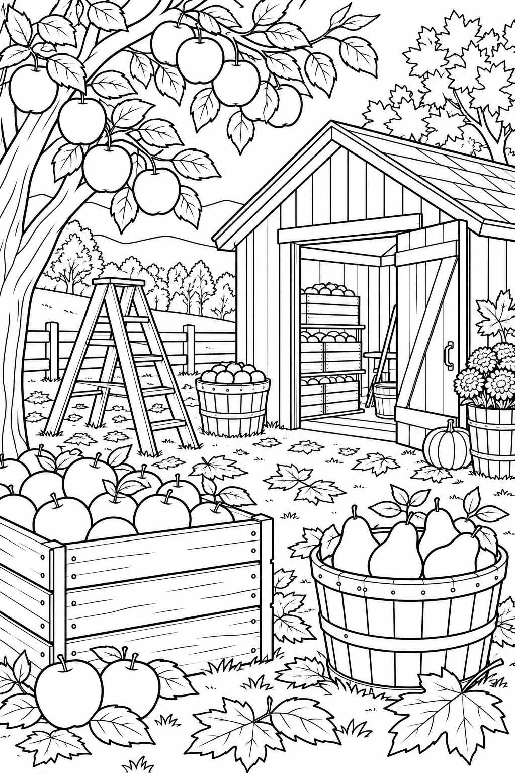 秋の果樹園の作業小屋の塗り絵