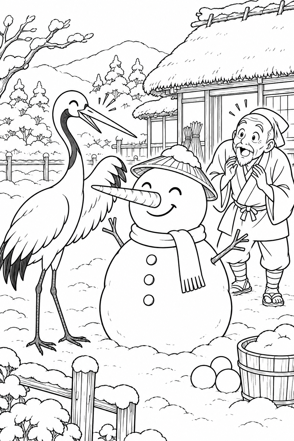 つるの恩返し:つるそっくりの雪だるまの塗り絵