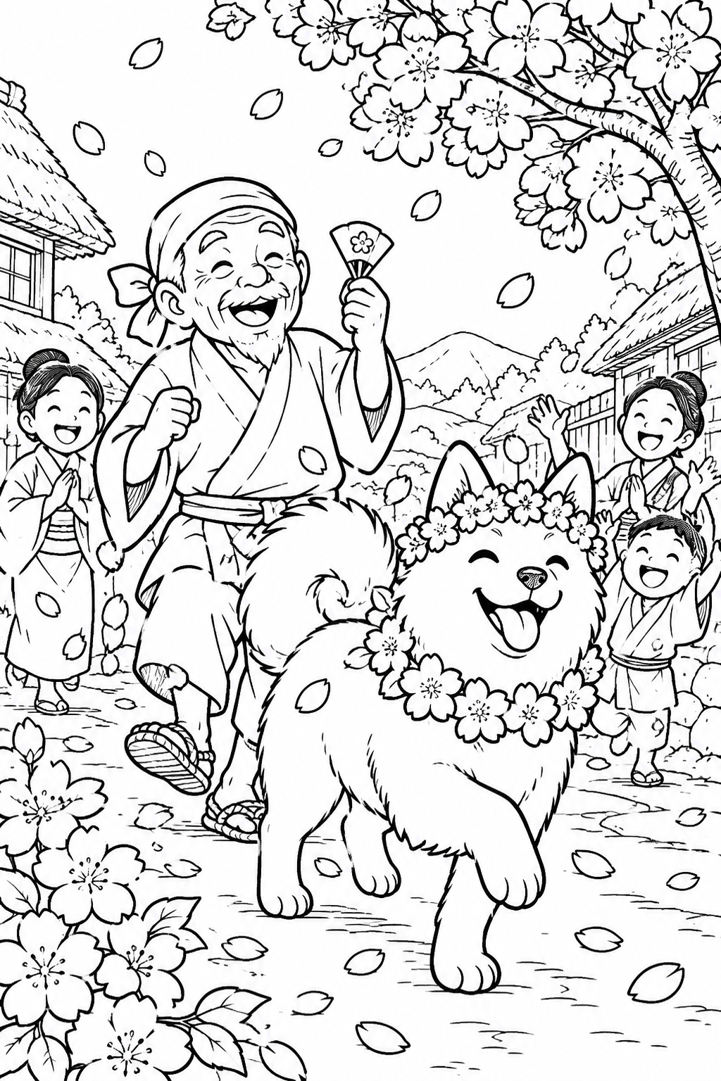 はなさかおじさん：花冠の犬が行列の先頭（ギャグ）の塗り絵