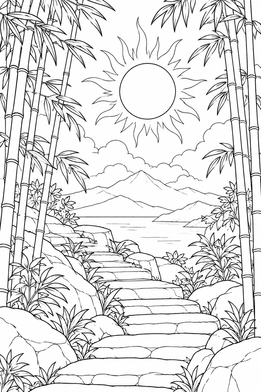 竹林の石段と日食の光の輪の塗り絵
