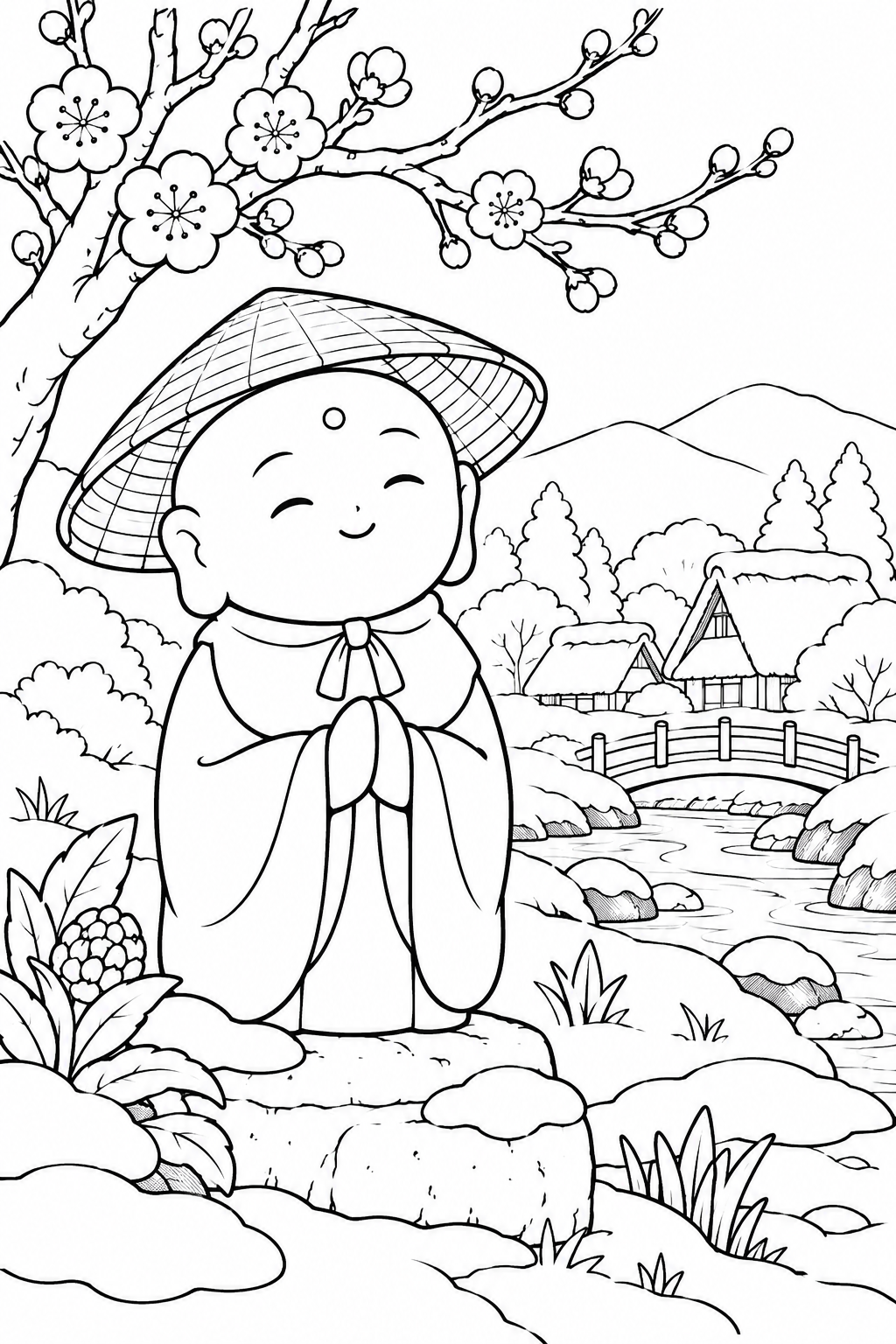 Coloriage Kasajizo : Jizo sous les bourgeons du prunier