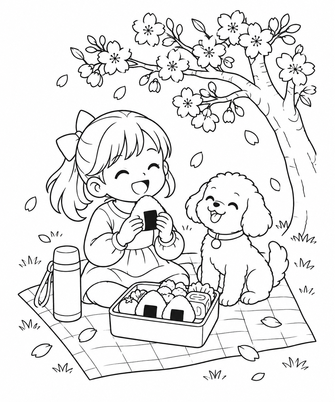 A Cherry Blossom Picnic Lunch coloring page