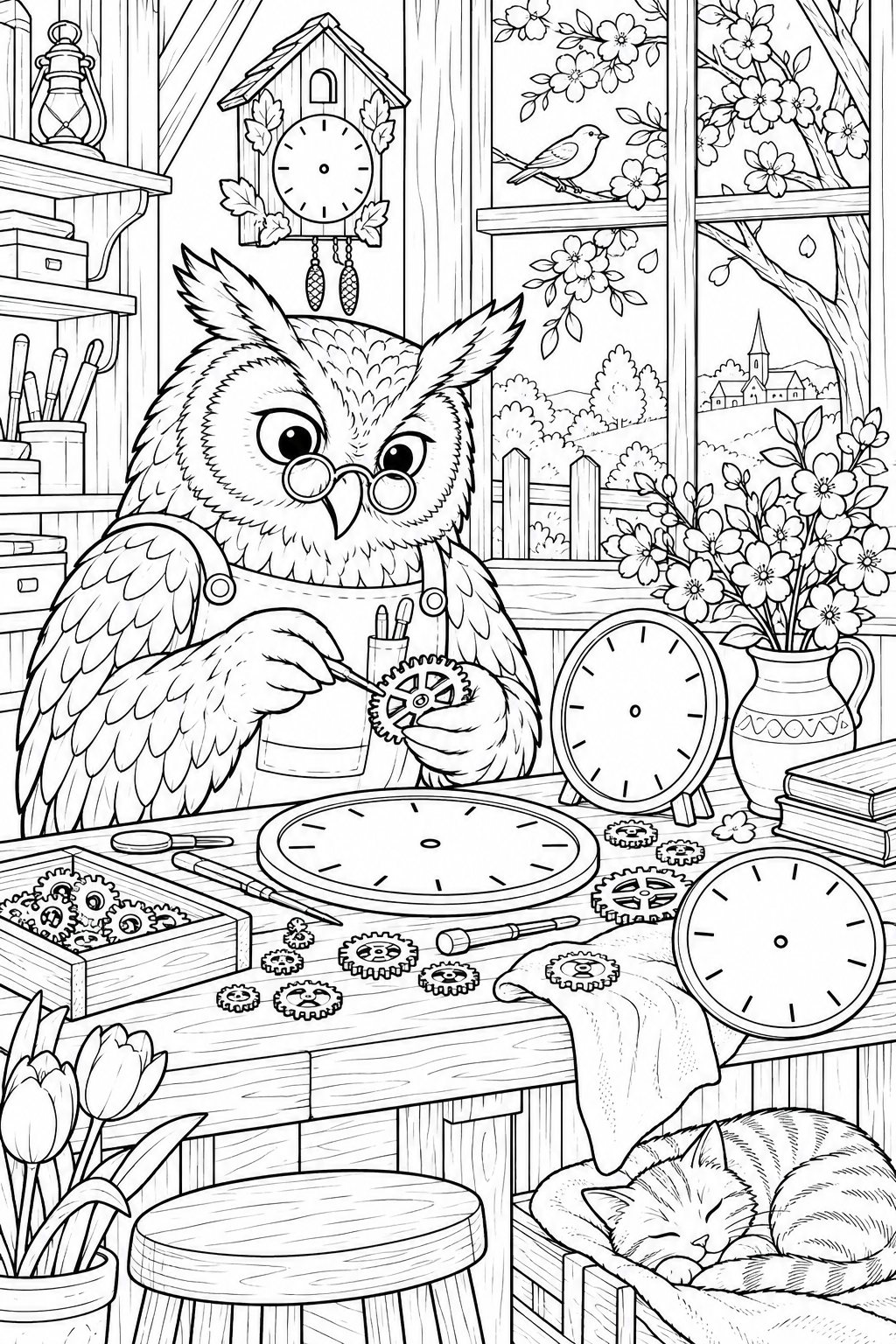 Desenho de Oficina de relógios da coruja — primavera para colorir