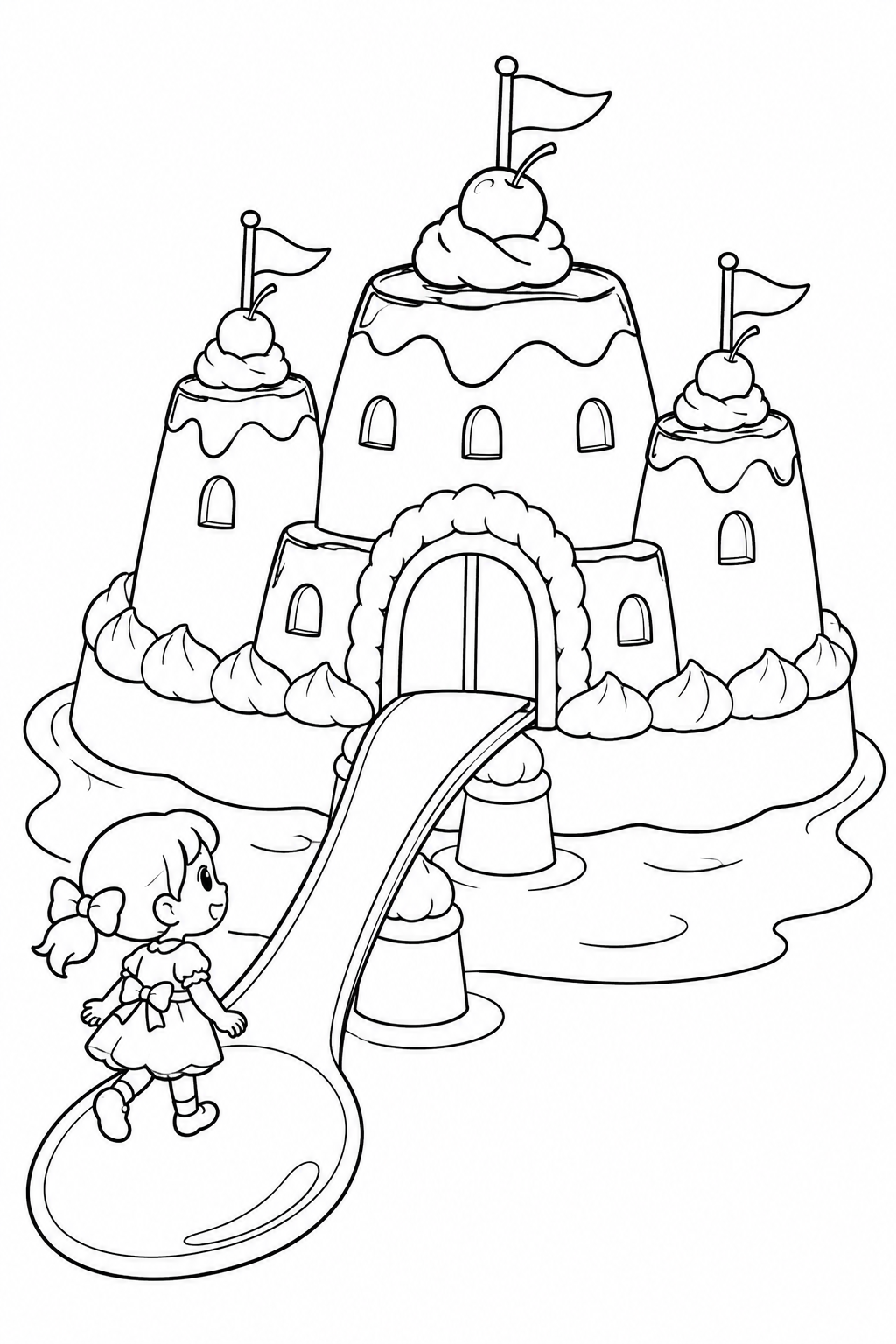 プリンのお城とスプーンの橋の塗り絵
