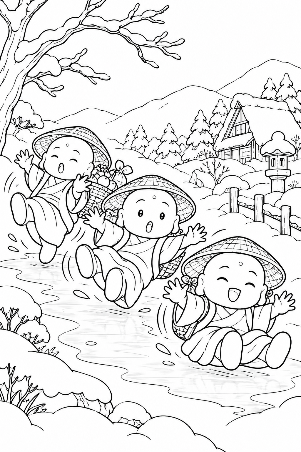 かさじぞう・一列ならんでつるりんこの塗り絵