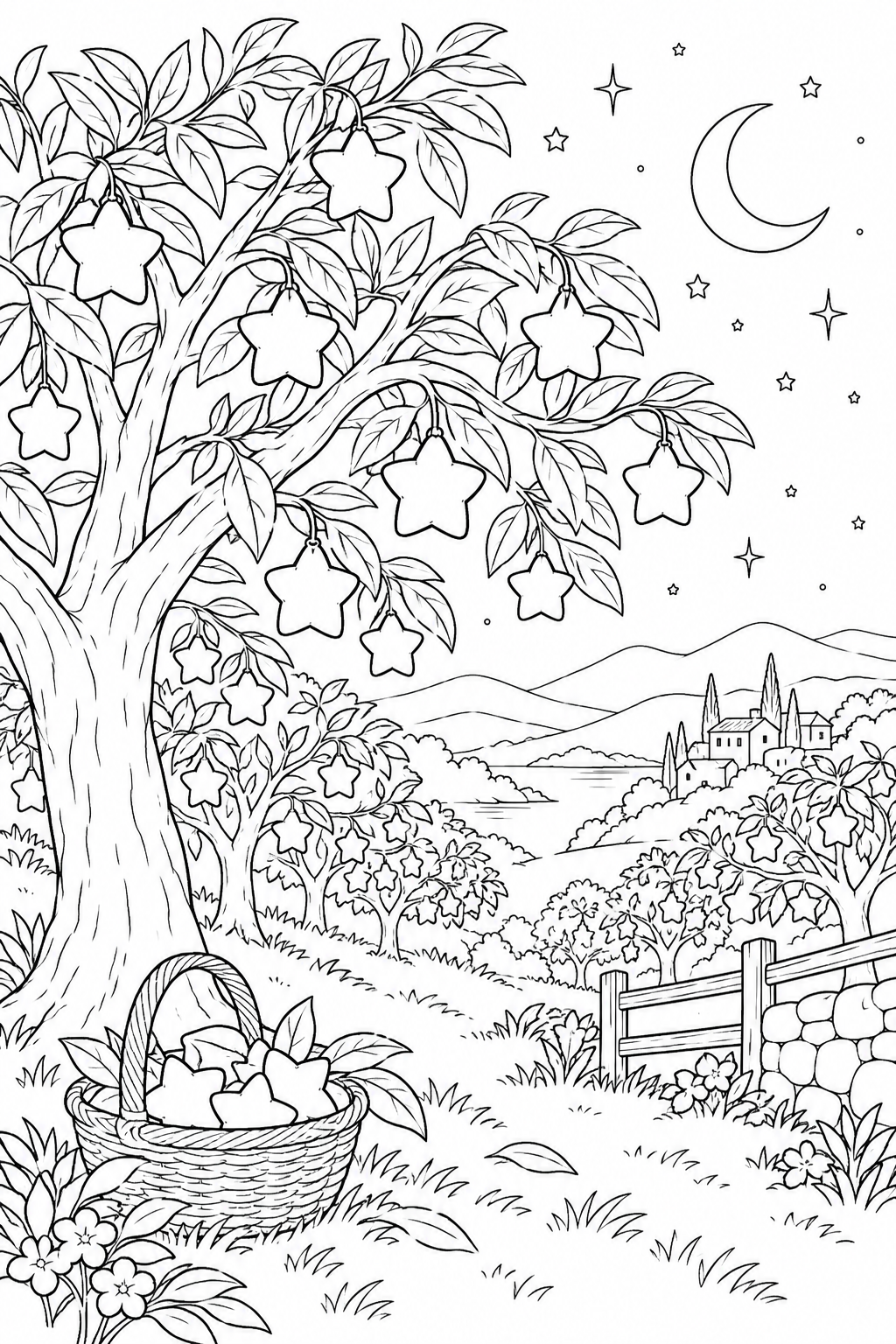 Coloriage Verger nocturne portant des fruits étoilés