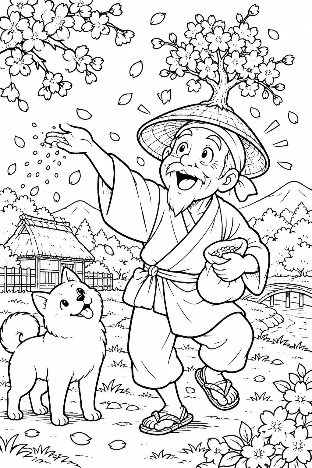 はなさかおじさん：笠の上だけ桜が満開（ギャグ）の塗り絵