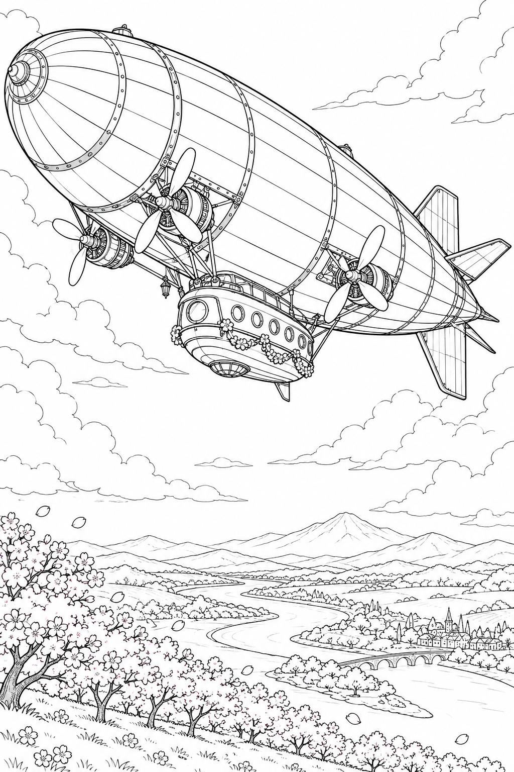 春の雲をめぐる飛行船の塗り絵