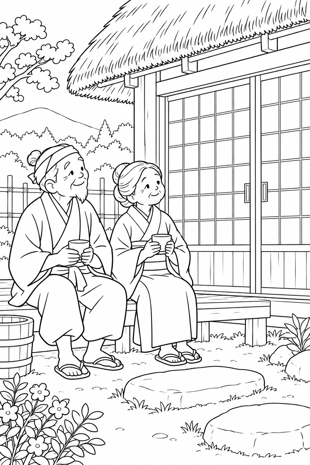 つるの恩返し:ふすまの前で待つふたりの塗り絵