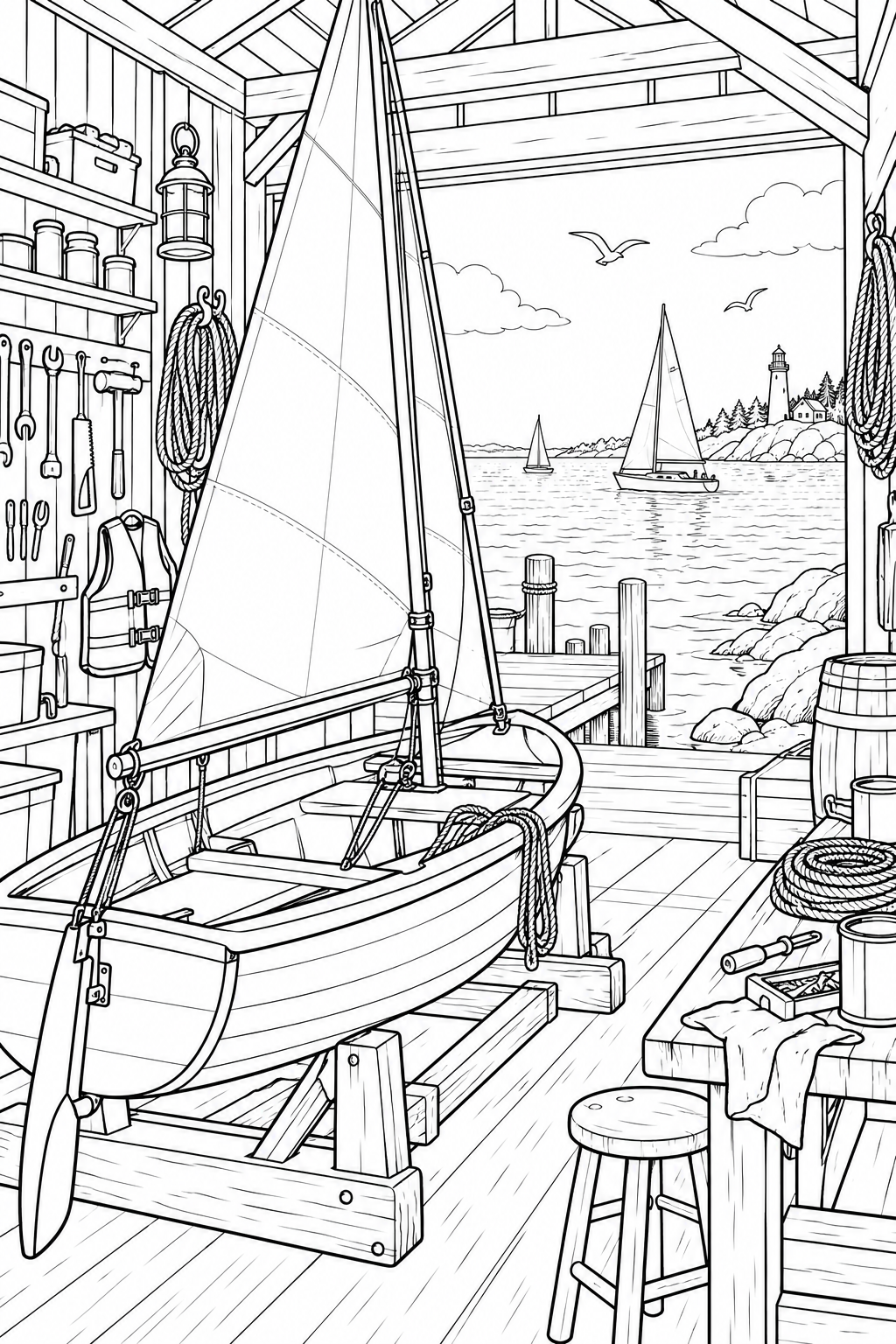 夏の小舟づくりの工房の塗り絵